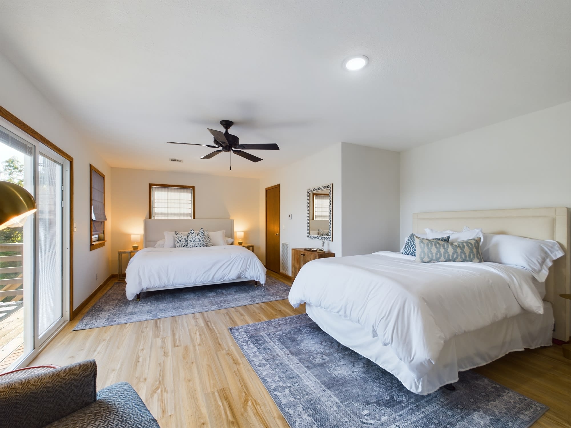 Upstairs primary room, king and queen mattress. Private balcony