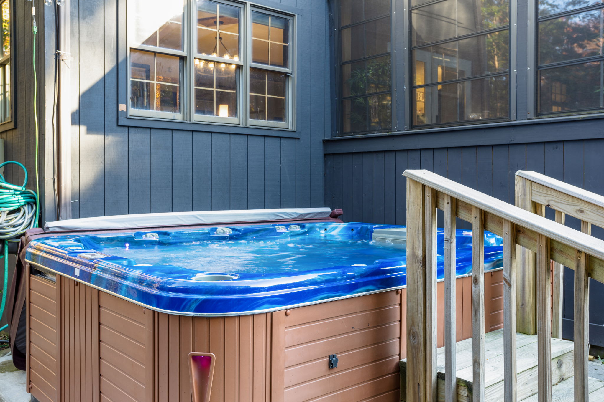 Just steps from the house, the hot tub is ready to melt your worries away. Surrounded by nature, it’s an inviting spot to start your morning or wind down in the evening.