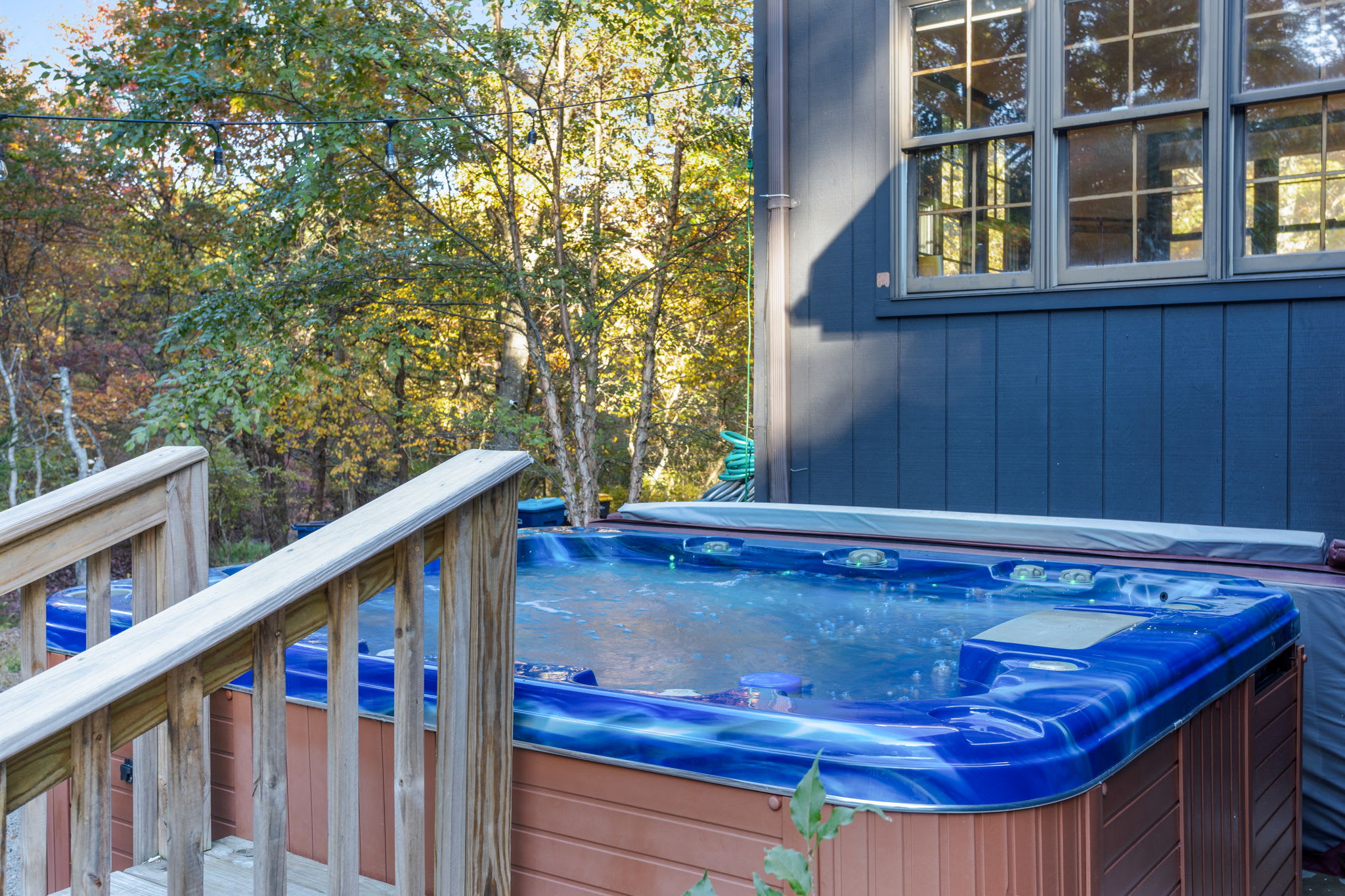 With warm jets and a serene woodland backdrop, the hot tub becomes your personal oasis, perfect for stargazing on clear nights.