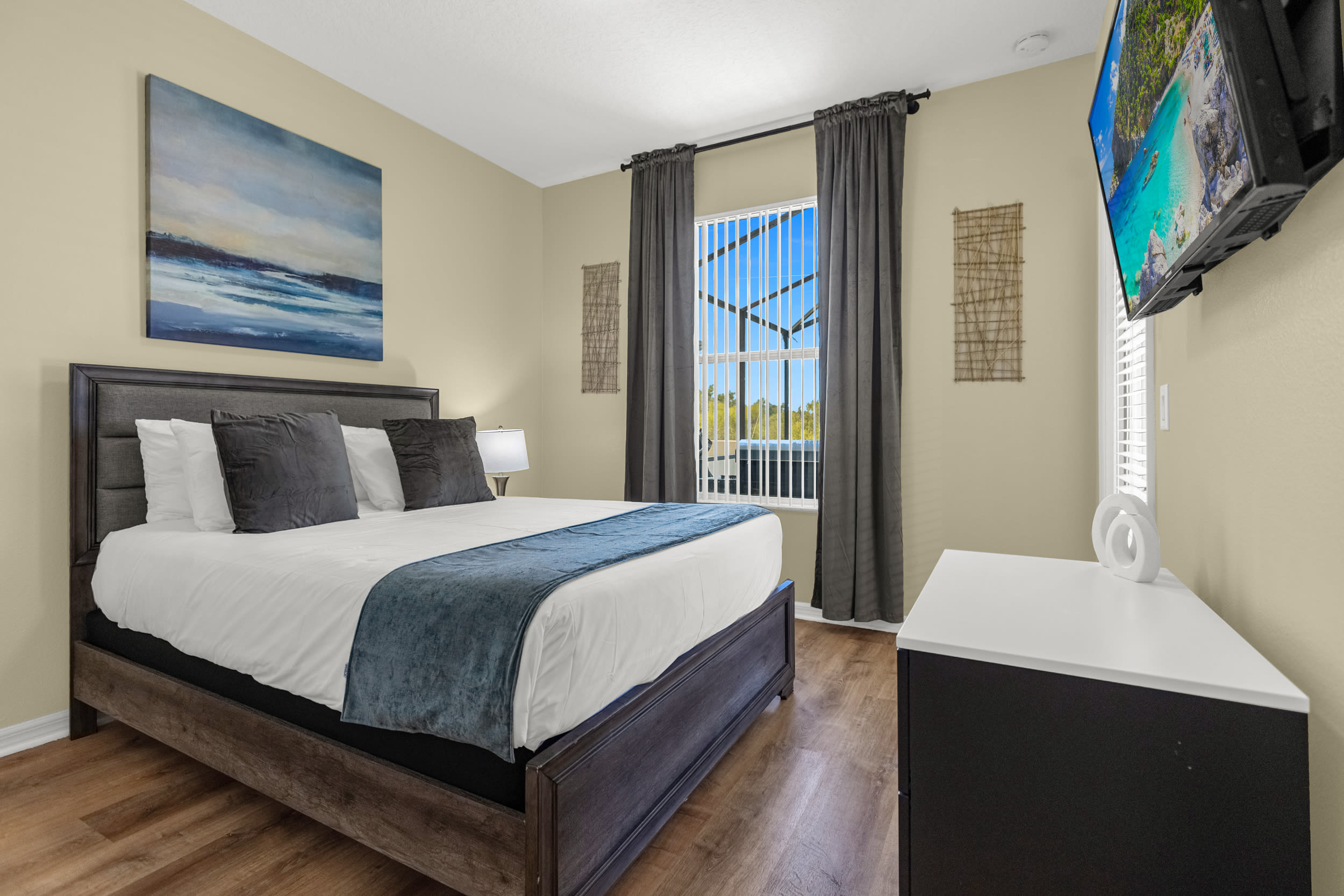 King bedroom with smart TV. 