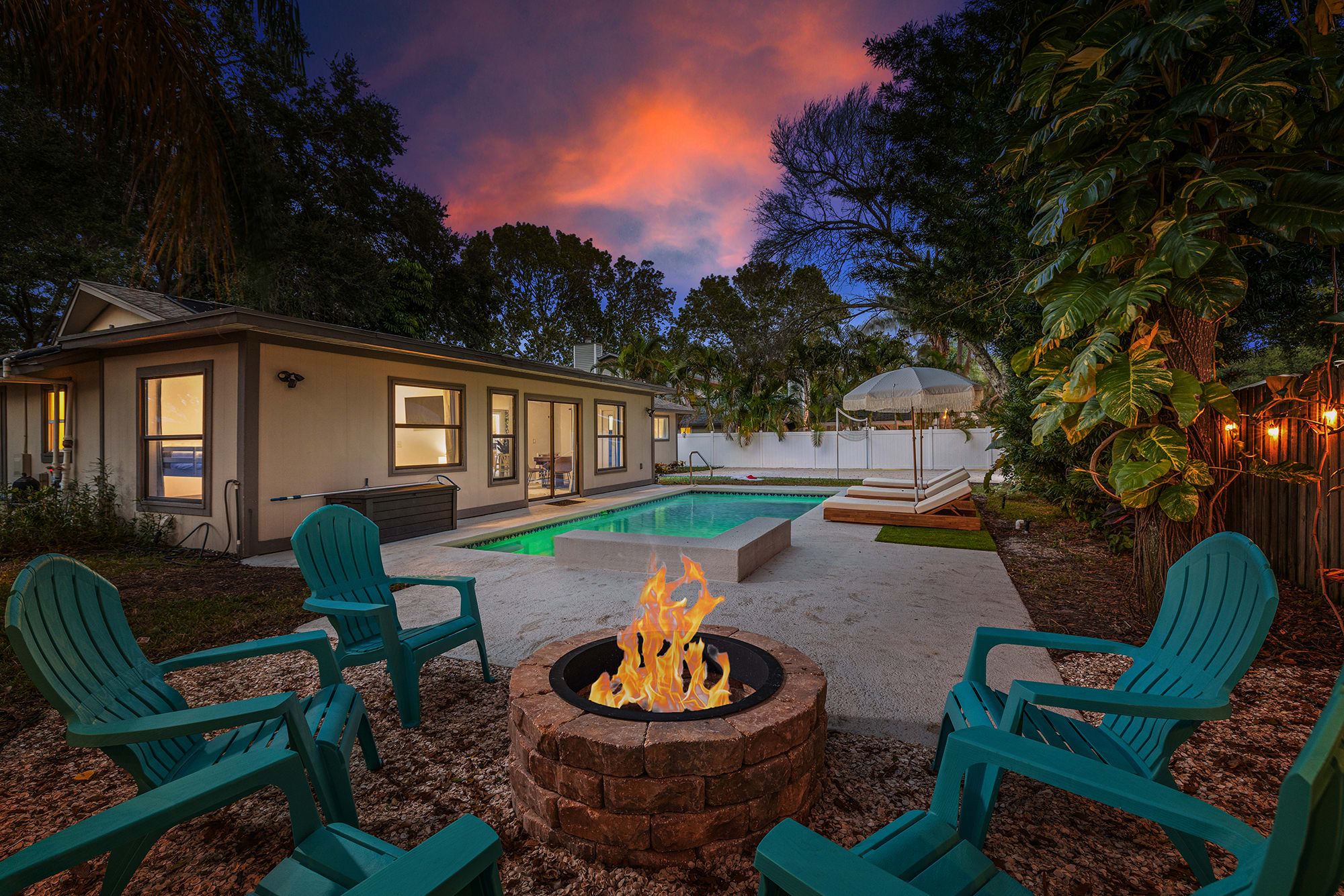 The fireplace vibes with the lighted pool at night will be awesome this winter