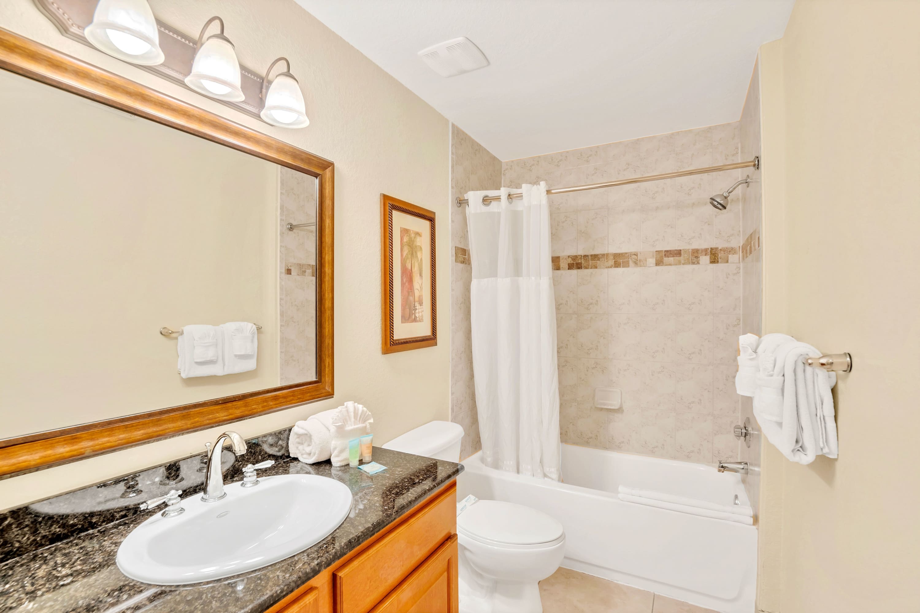 Stylish Bathroom Featuring A Shower-Tub Combo And Granite Countertops