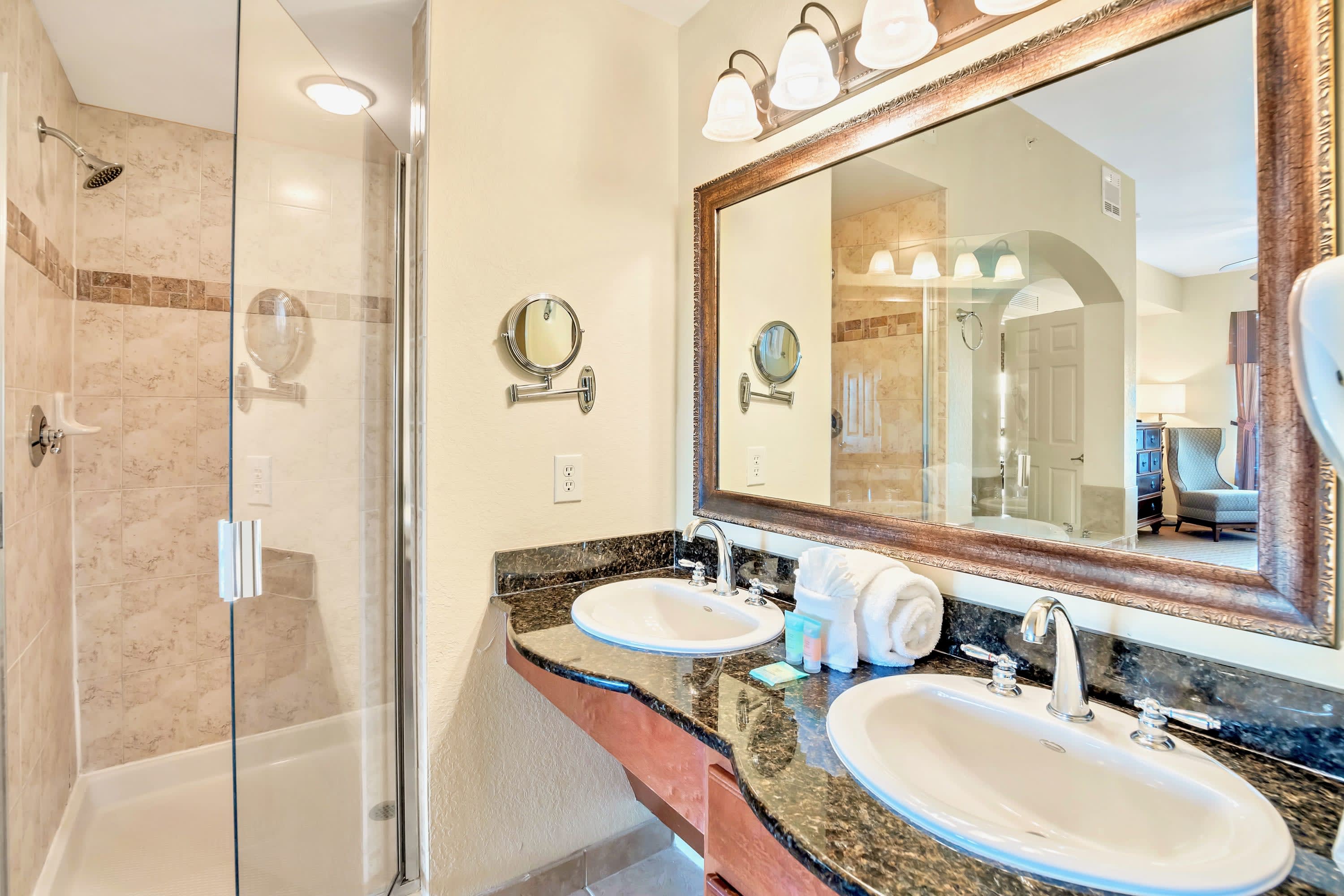 Sophisticated Bathroom With Walk-In Shower And Double Vanity