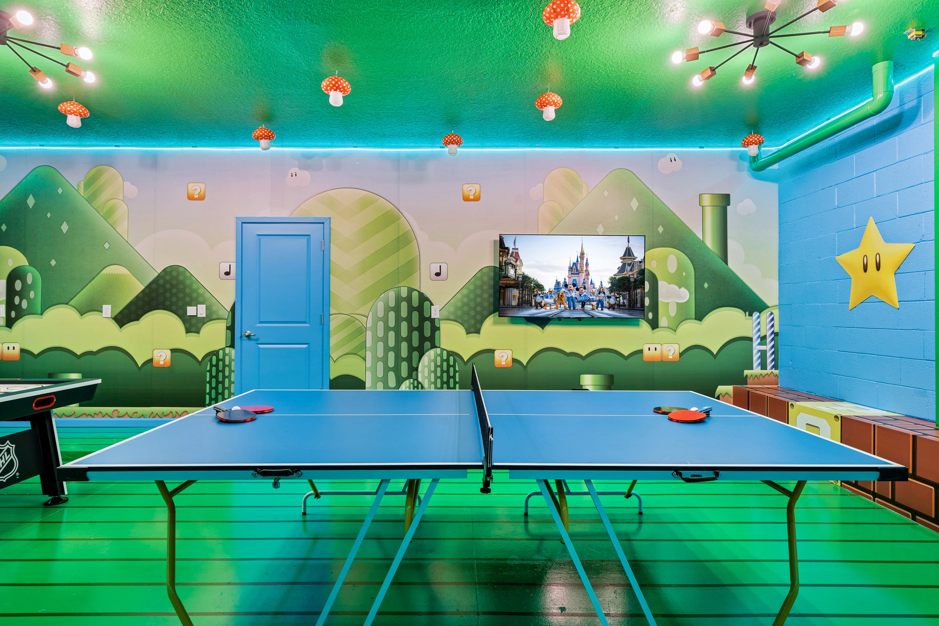 Garage-turned-games-room with Mario Bros theme