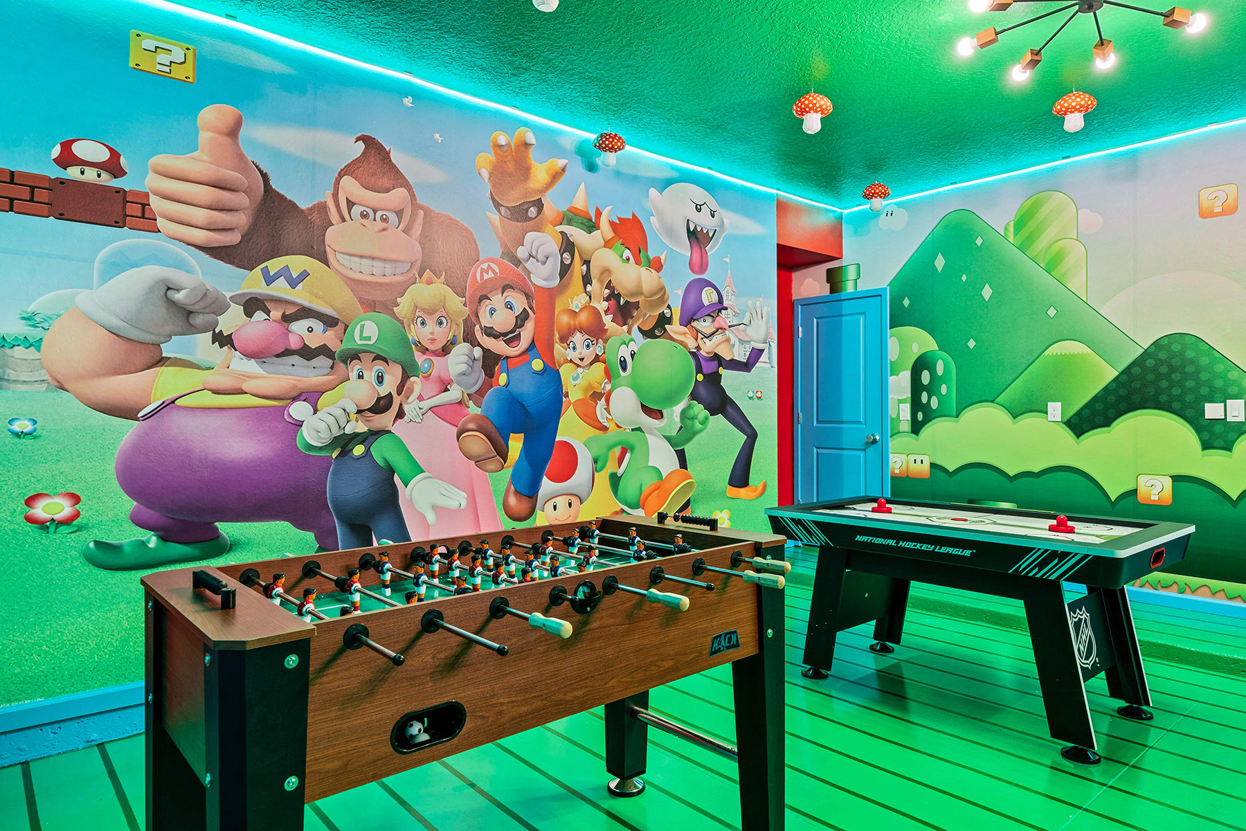 Garage-turned-games-room with Mario Bros theme