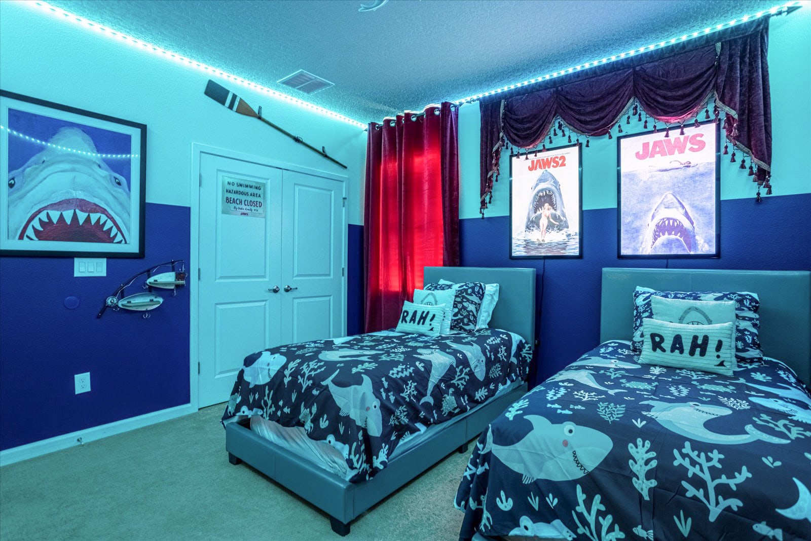 Jaws Themed Bedroom with Cool Mood Lighting