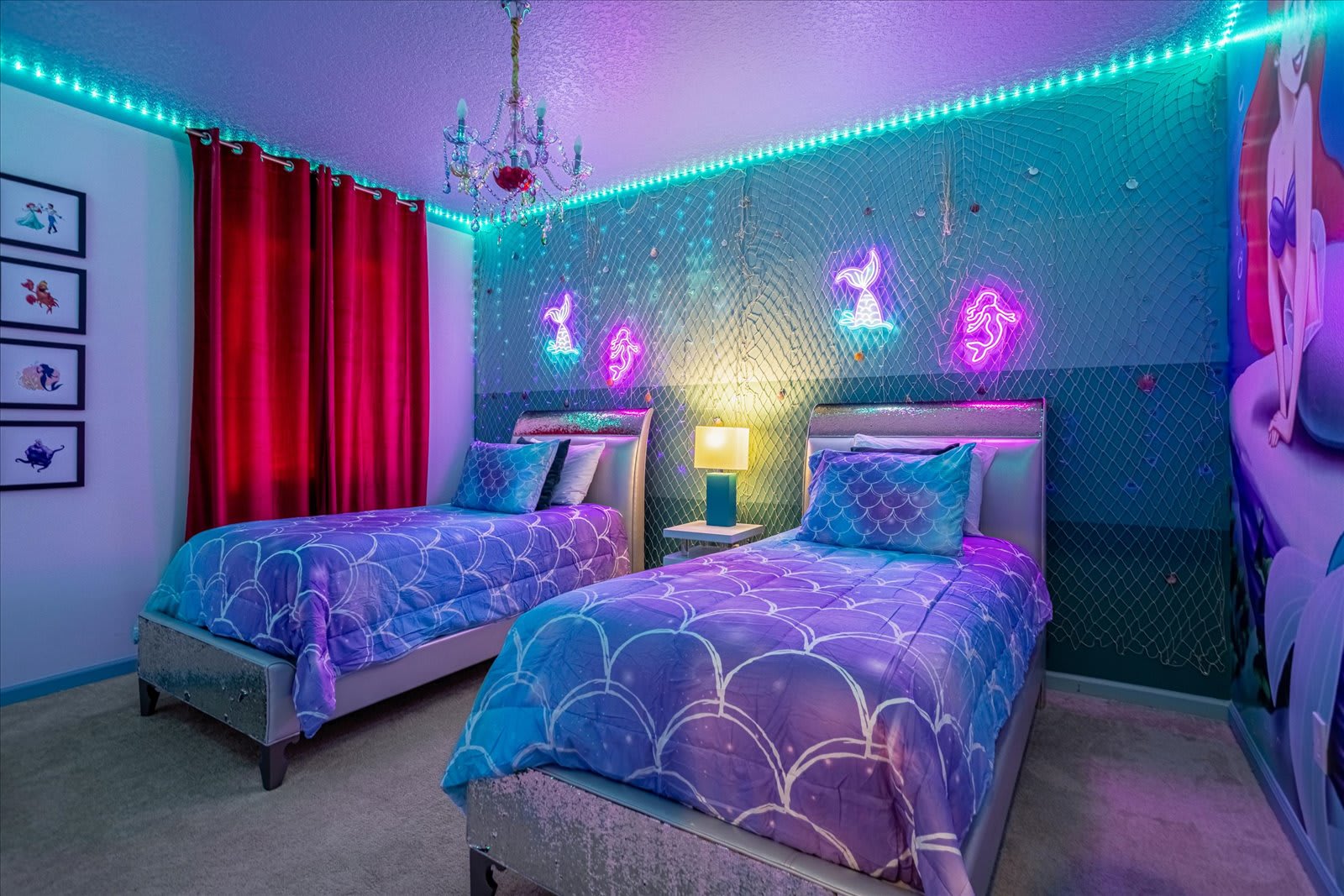 The Little Mermaid themed room with cool accent lighting that kids will love!