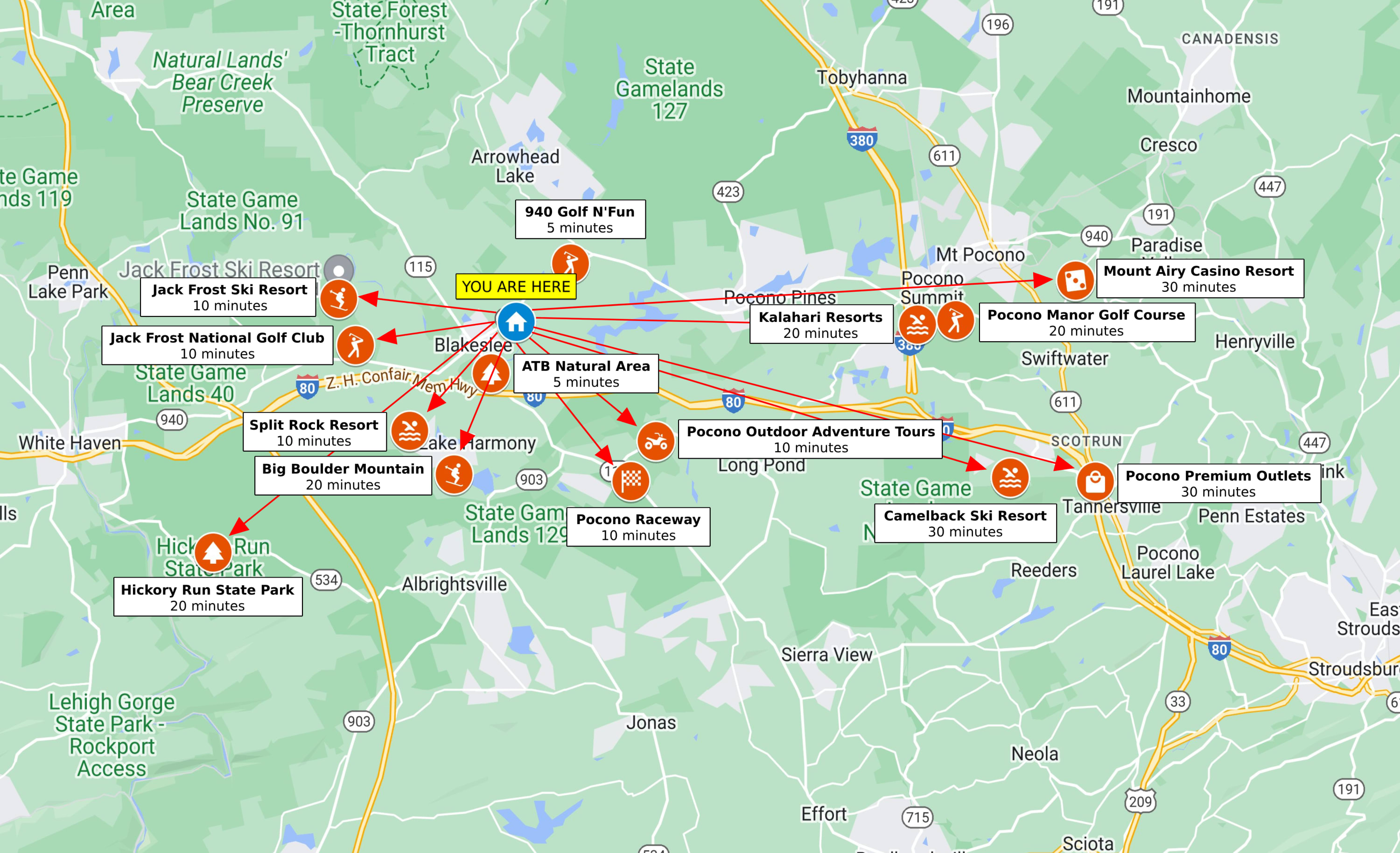 A handy map of nearby attractions for fun-filled adventures in The Poconos!