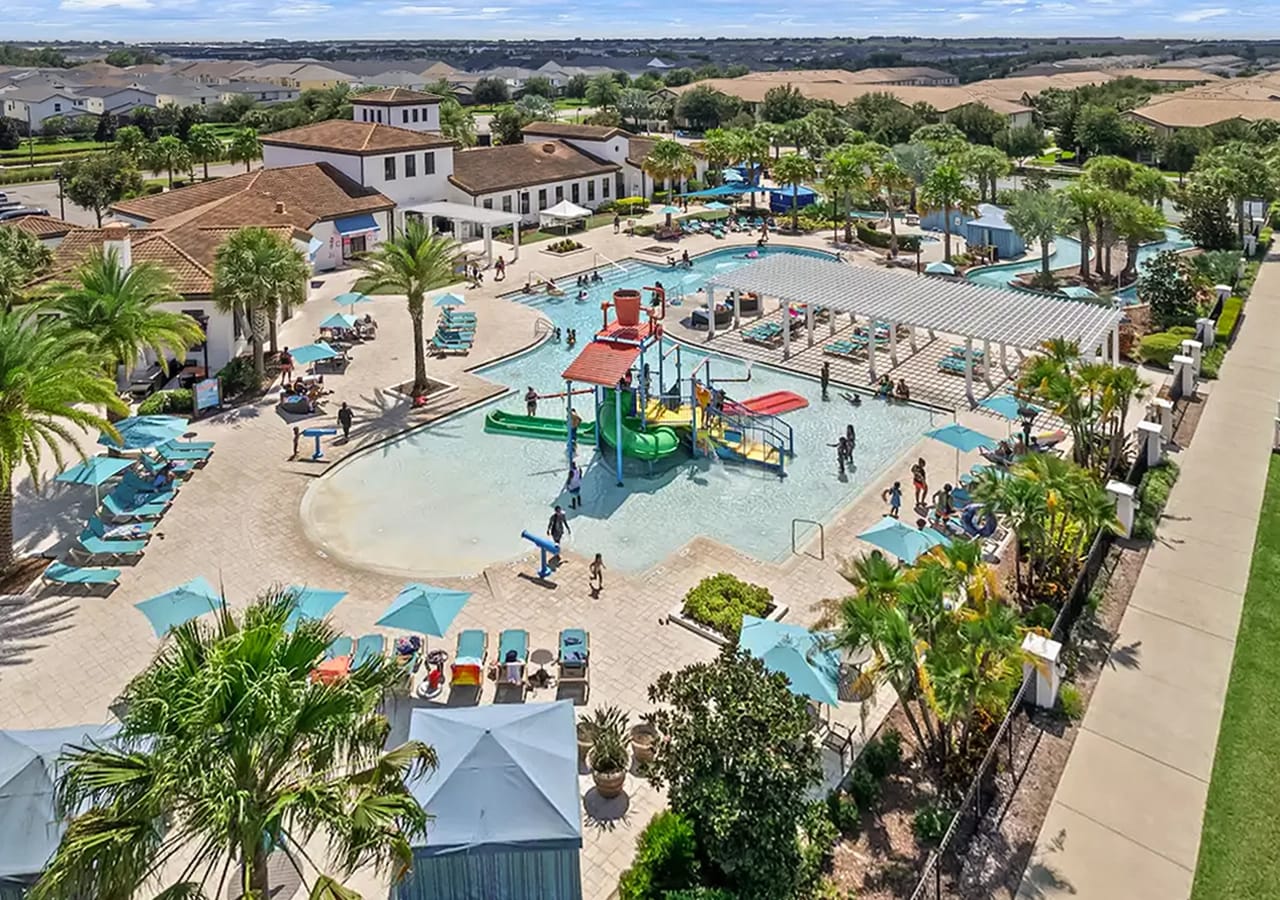 Aerial view of the kids splashzone and shallow entry pool.