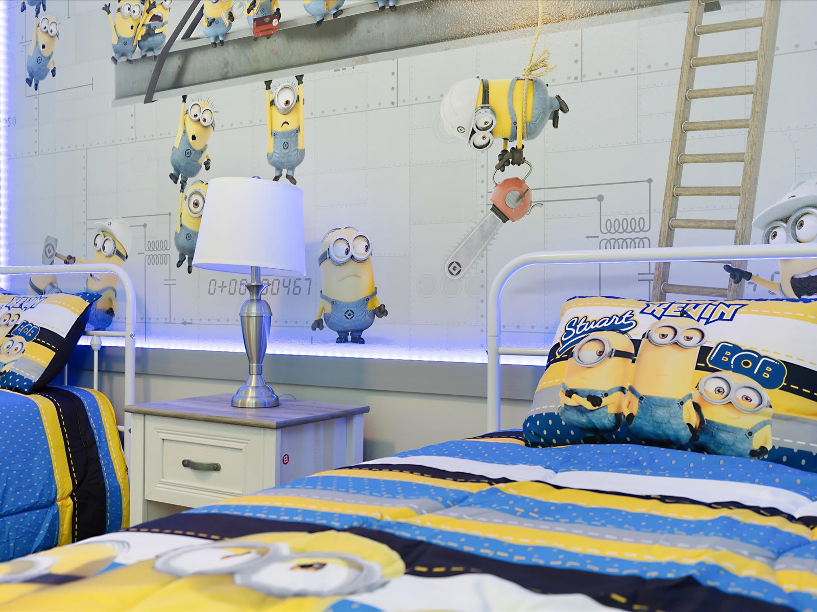 Playful kids’ room w/ twin beds, Minions accents, & fun character details.