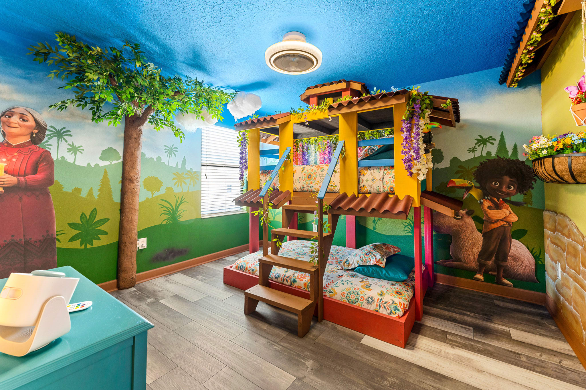 Playful outdoor area w/ colorful features for relaxed time outside.