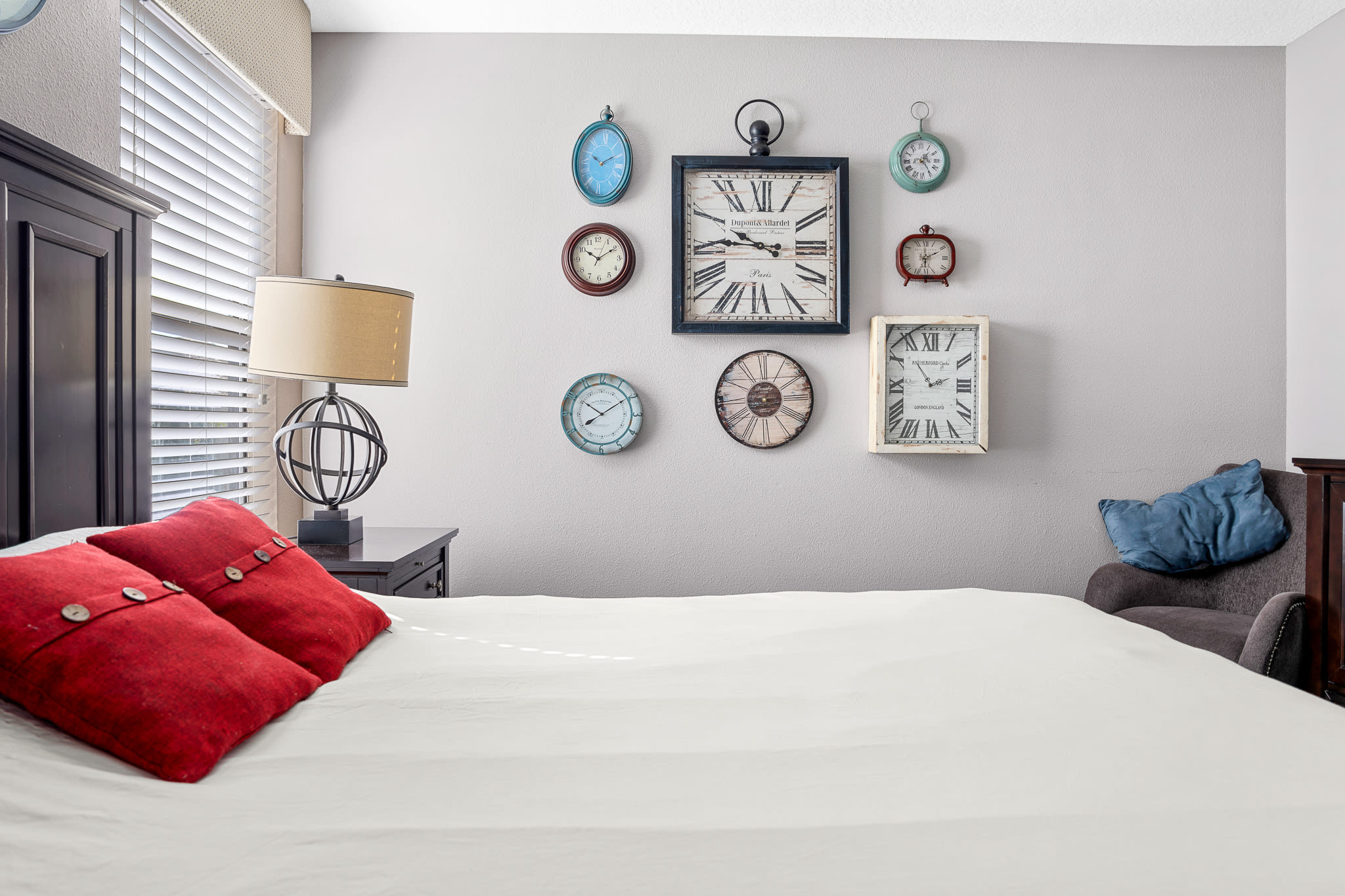 Bright bedroom w/ simple decor and a calm setup for easy, restful nights.