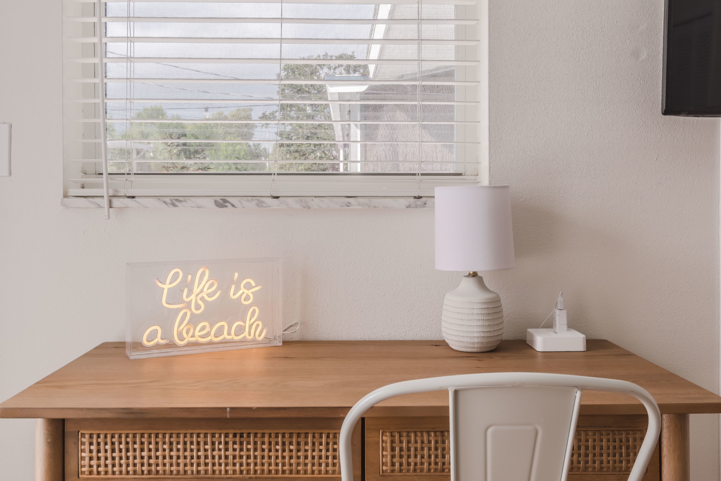 Small desk nook by the window for light work or journaling