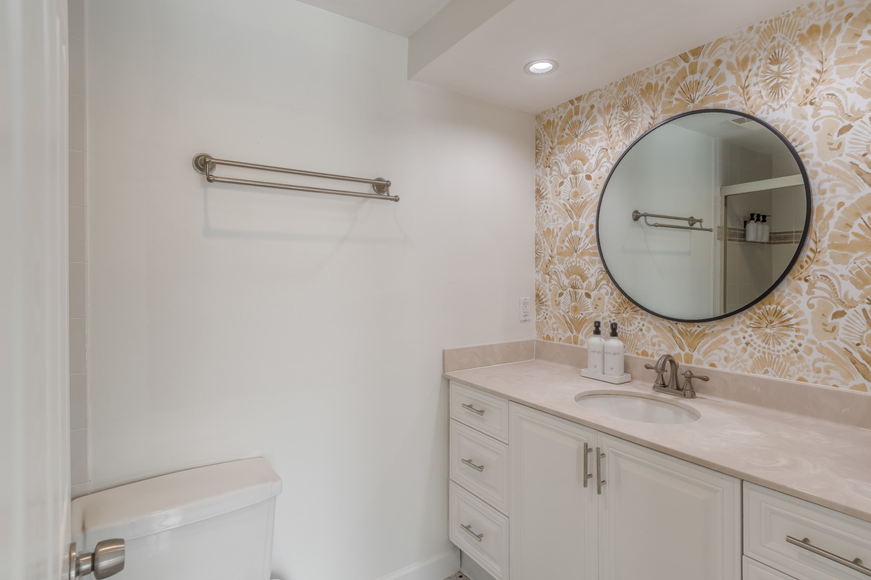 Bathroom w/ shower and simple, clean design