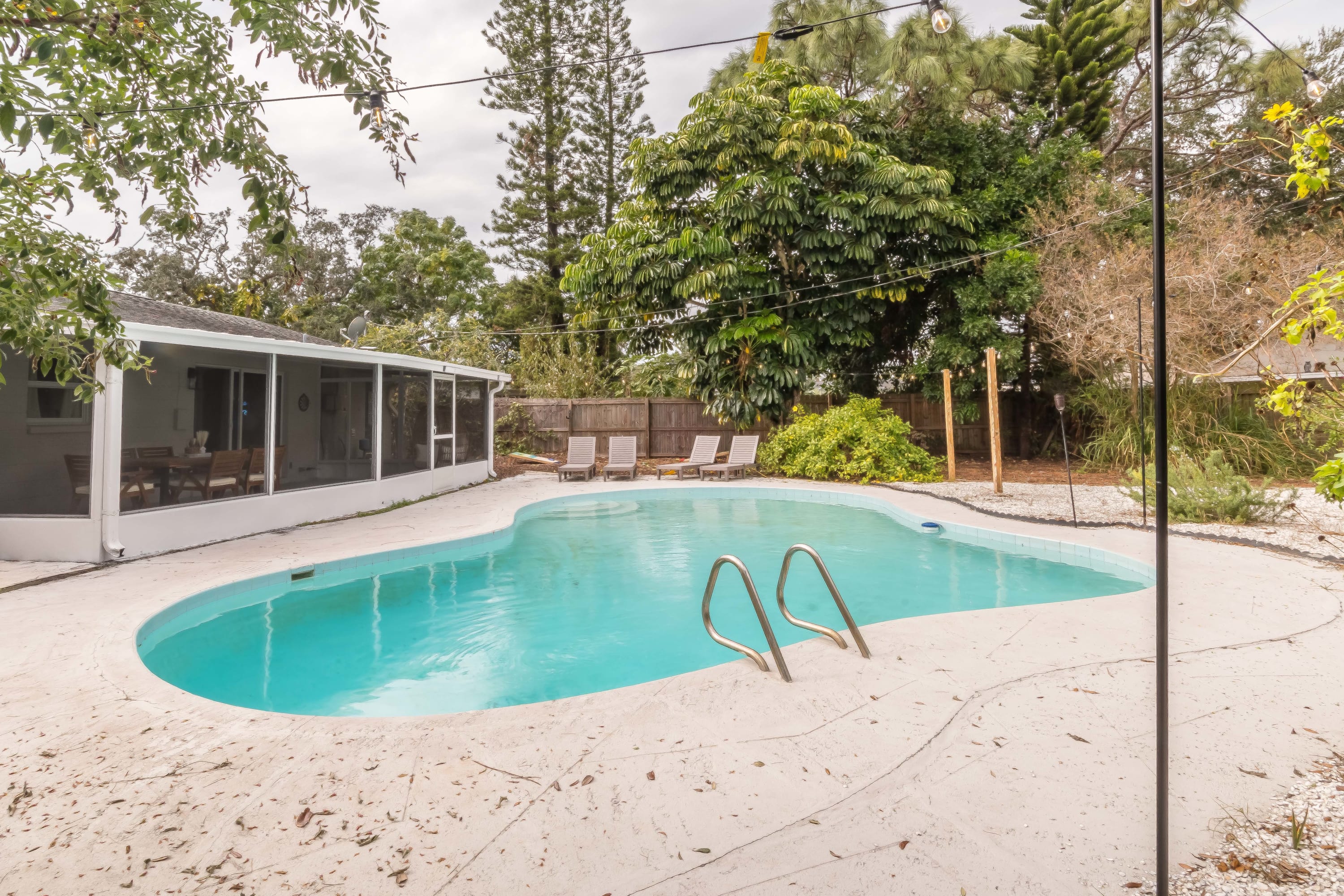 Backyard pool nestled among trees, creating a private spot to cool off.