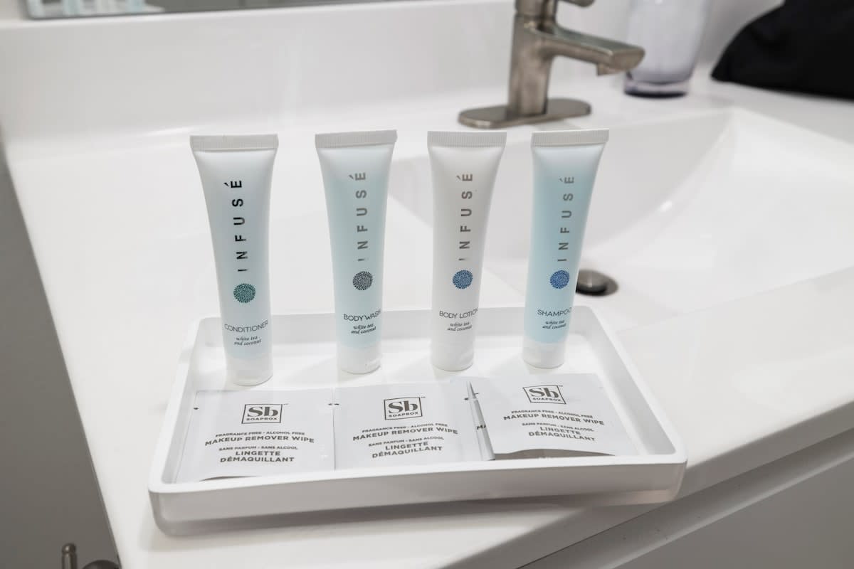 Nice selection of shampoo, conditioner, makeup remover etc