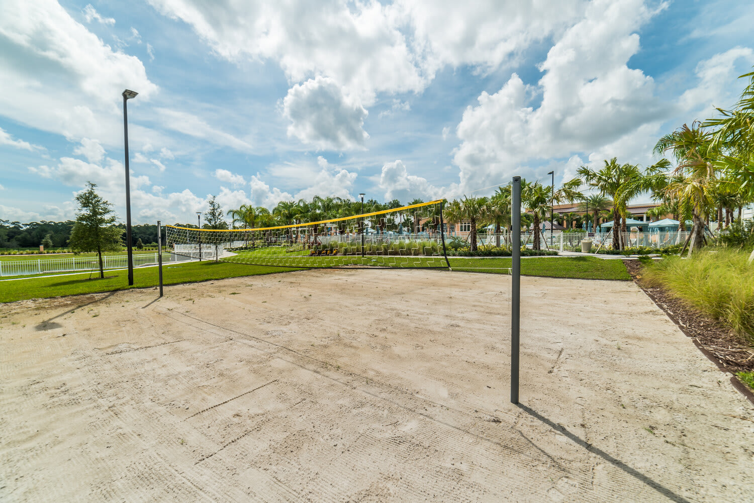 Outdoor sand volleyball court surrounded by palm trees and green landscaping
