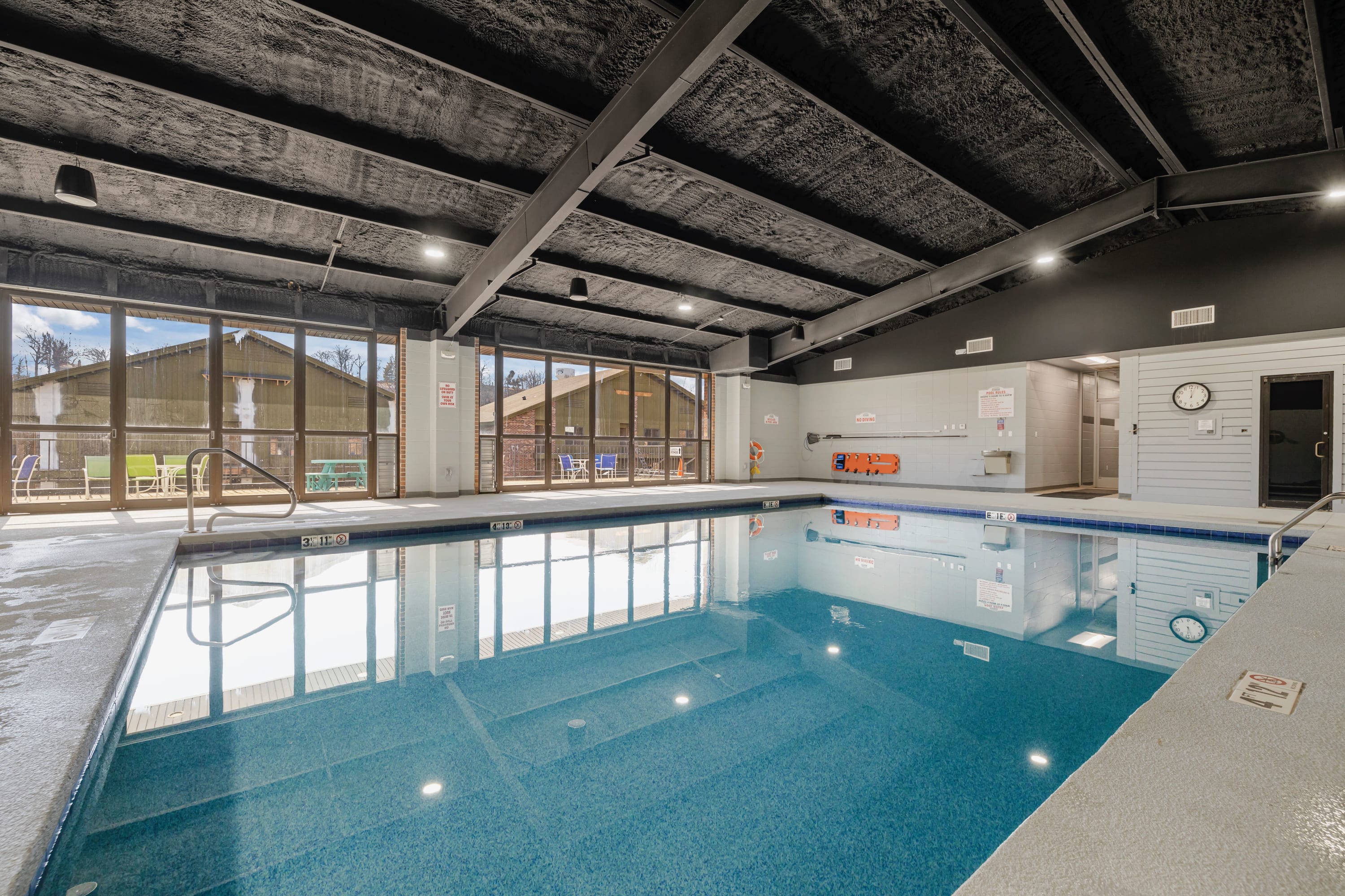 Beautiful temperature controlled indoor pool, showers and workout facility.