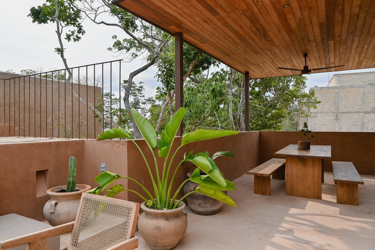 Private outdoor rooftop, with outdoor dining, grill, half bathroom, pool and sun loungers