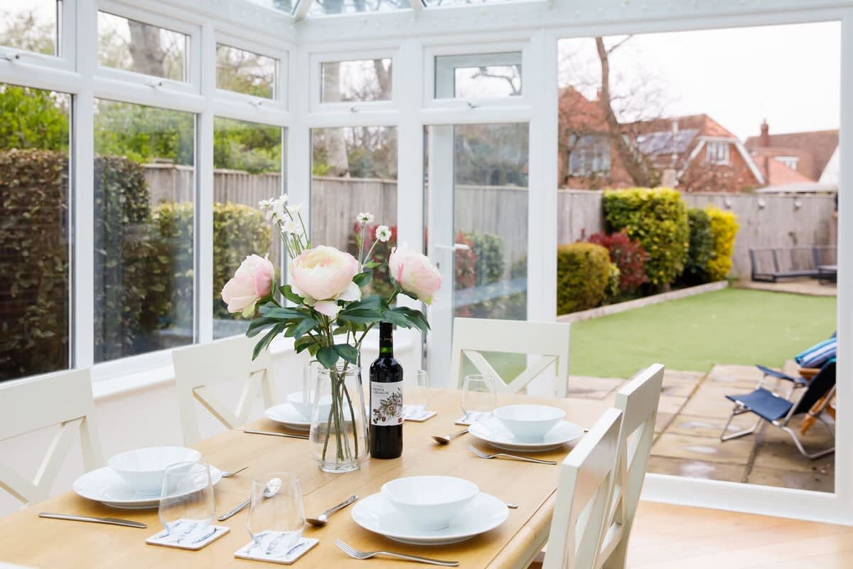 The conservatory doors open up onto the garden. Let the sea breeze in on warming days or relax with a cup of tea while the children play in the safe, enclosed garden.