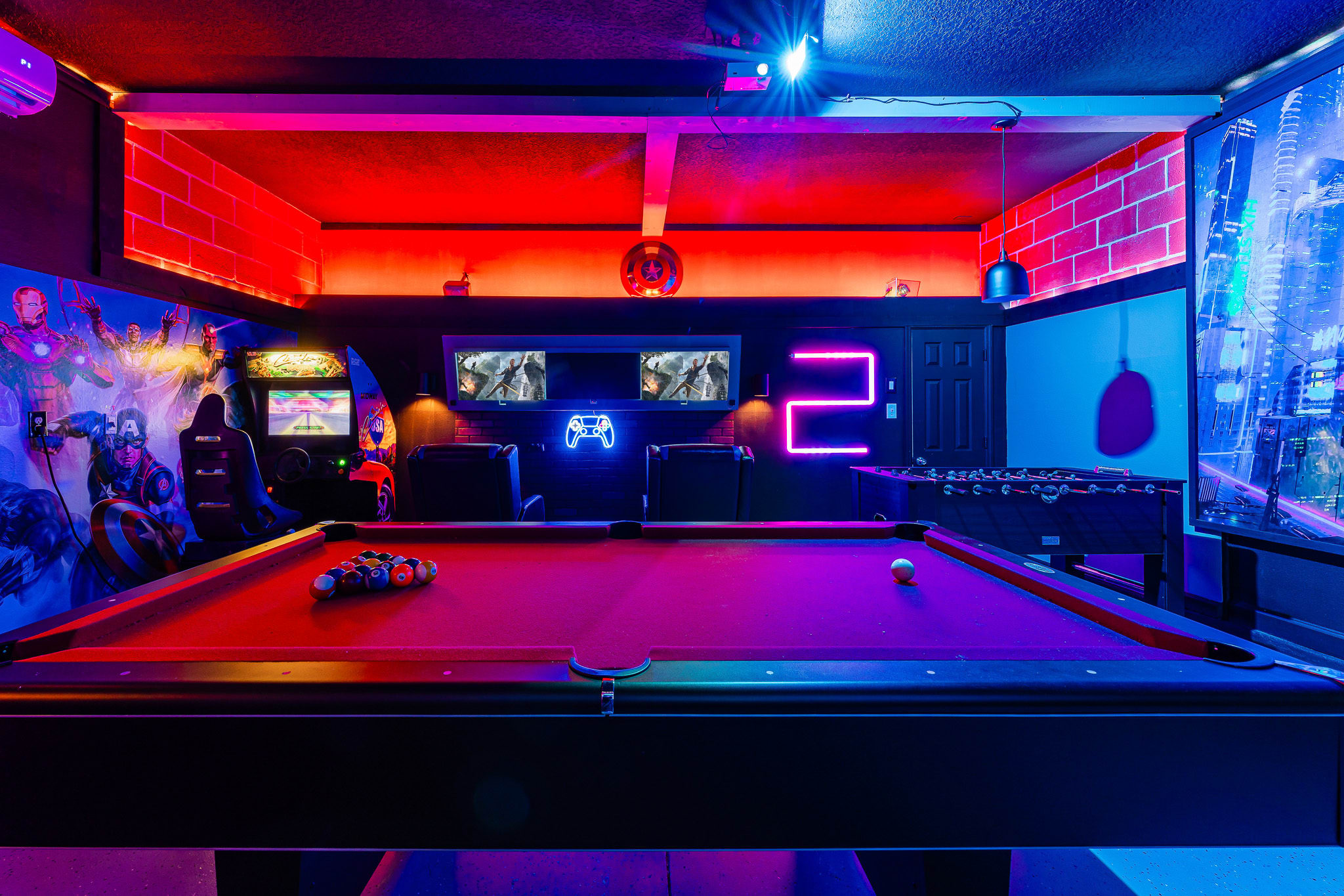 Futuristic media room w/ bold lighting for immersive entertainment.
