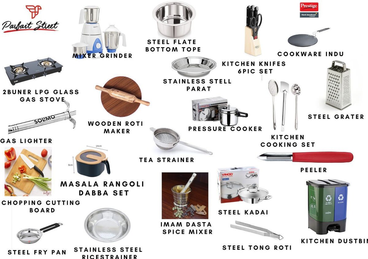 An image displaying various kitchen amenities, including a stove, refrigerator, microwave, sink, and countertop space, offering a well-equipped cooking area