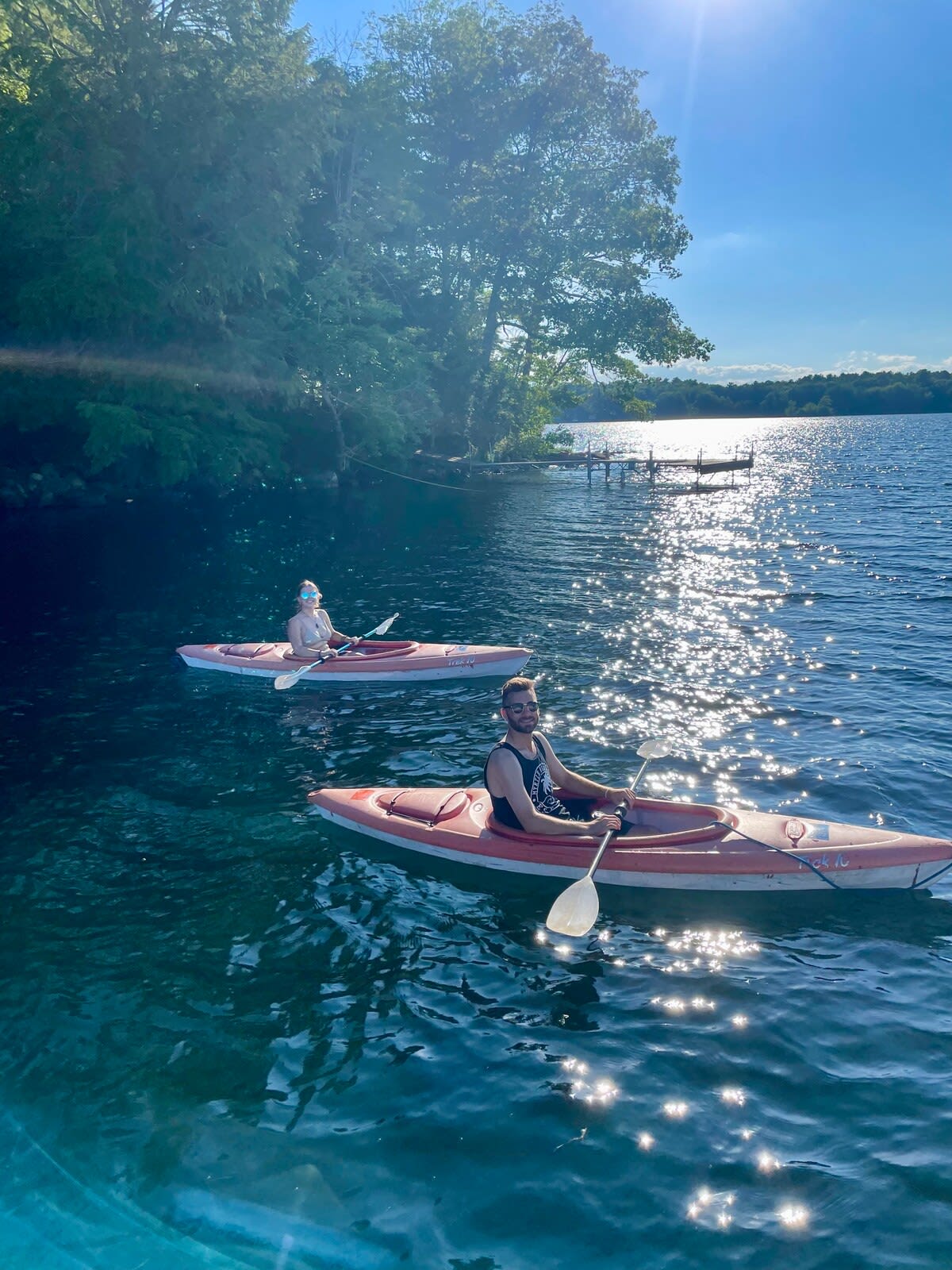 Free canoes and kayaks make it easy to explore the 1400 acre lake.