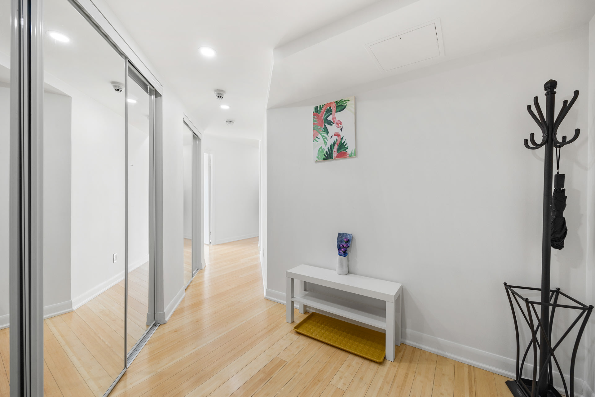 Spacious And Bright Hallway With A Stylish Mirror Closet