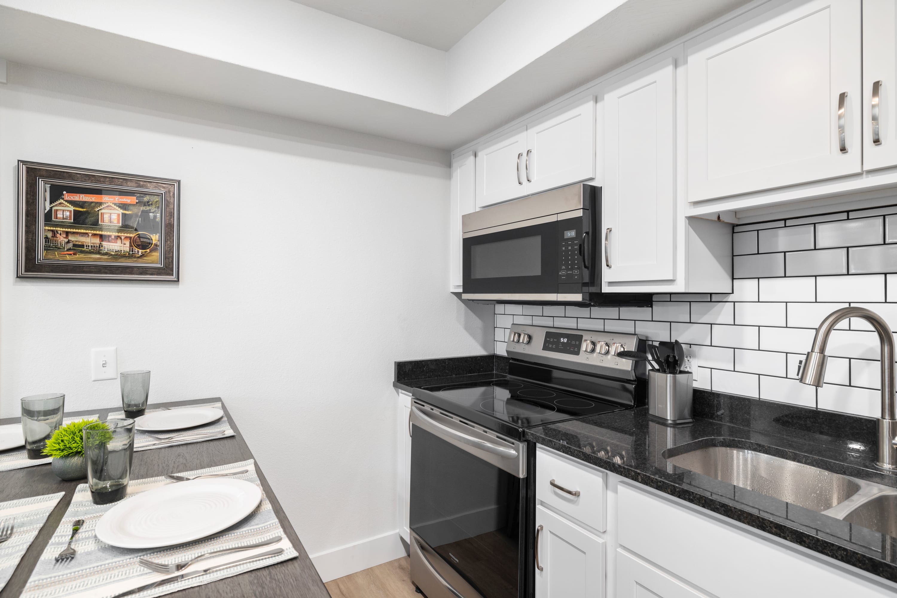 You’ll find plenty of prep space on the countertops, along with all the cookware, bakeware, dishware, flatware, glassware, serving-ware, and utensils you need to prepare and serve your favorite meals.