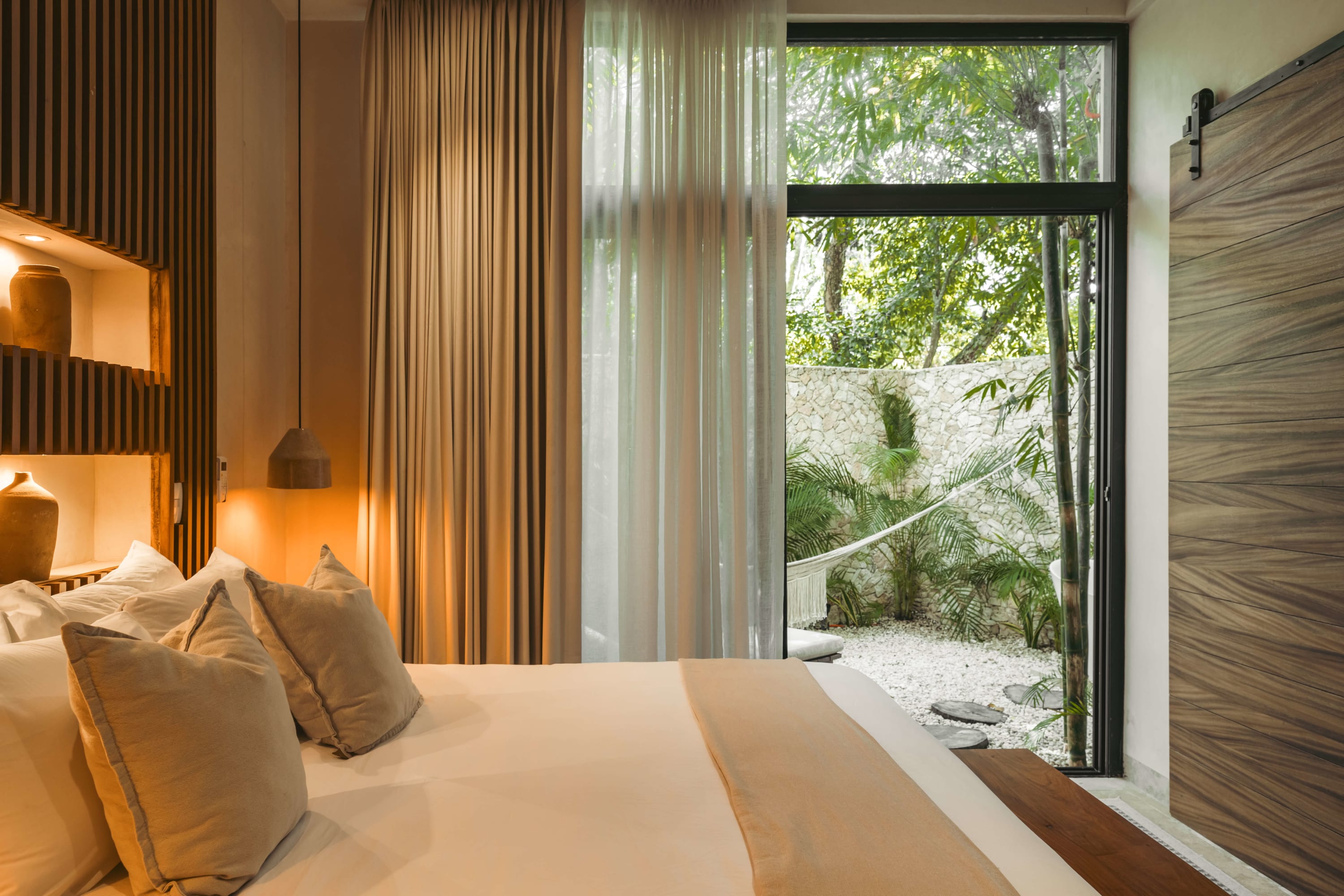 Comfortable room with views of the backyard