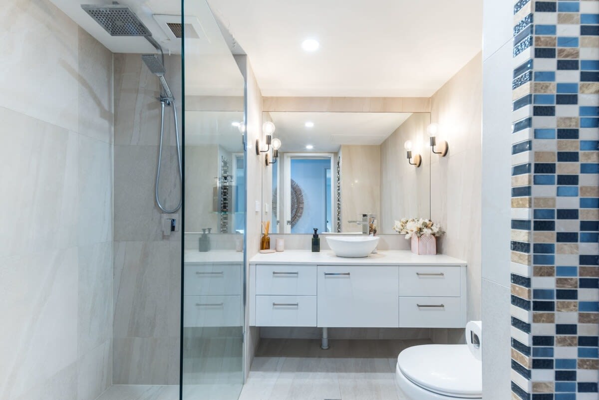 Bathrooms with large vanity and extra storage space