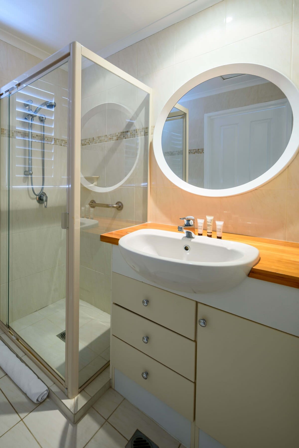 Vanity and cabinet space with bath essentials on us