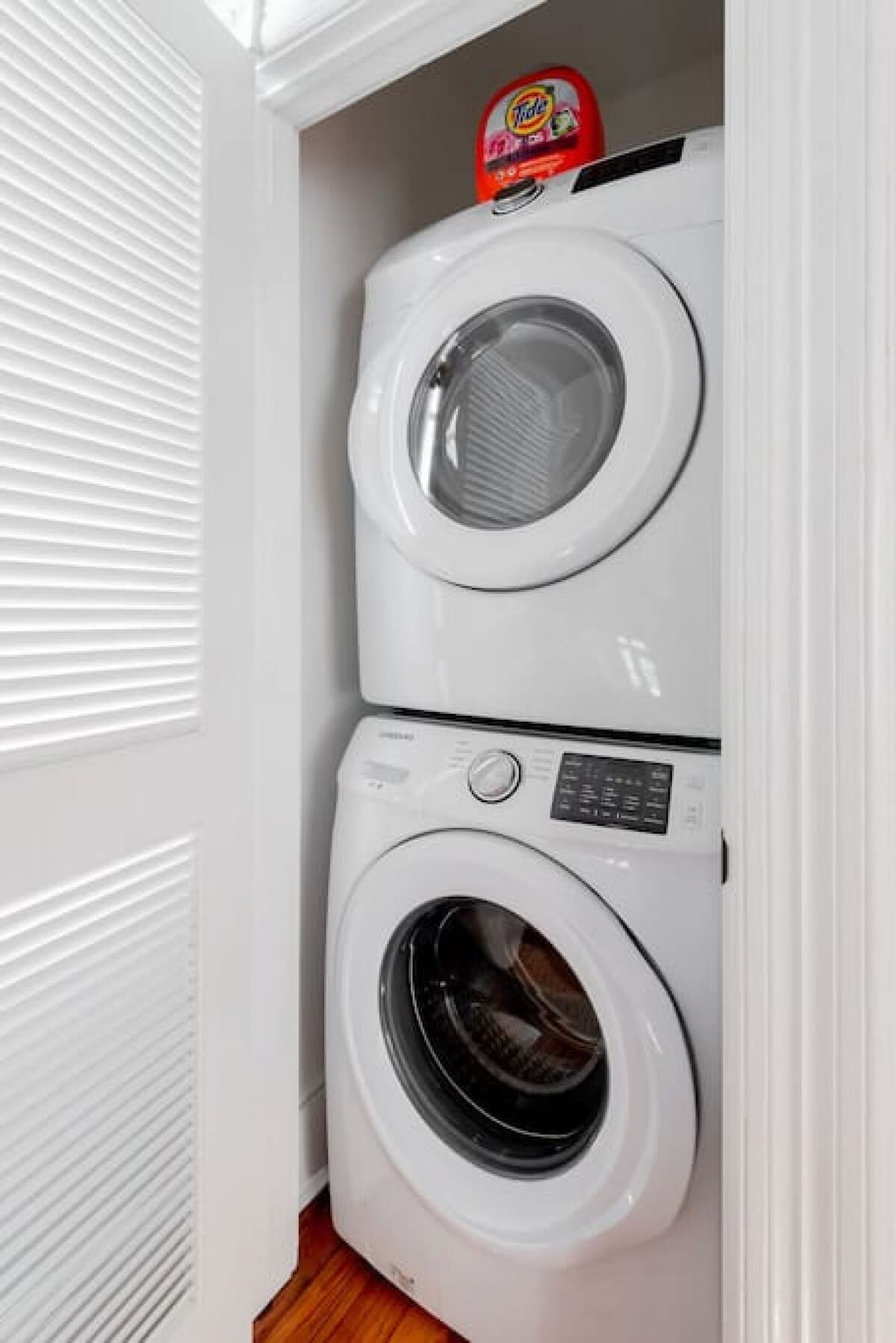 Stackable washer + dryer with detergent provided