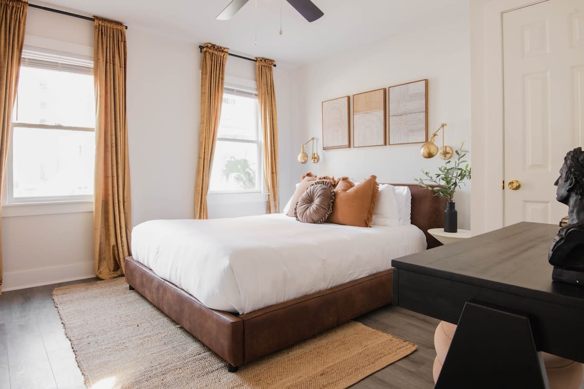 Bedroom #3 with a Queen Bed + Ceiling Fan + Work Desk + TV