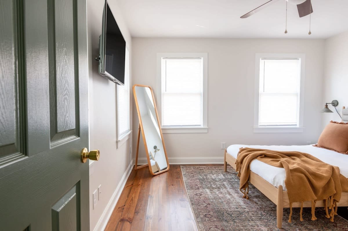 Bedroom #2 with a Queen Bed + TV + Ceiling Fan