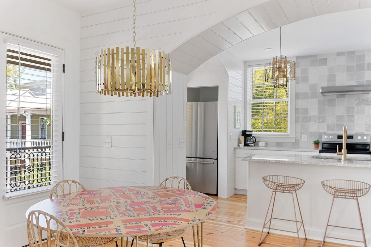 Traditional dining room table, plus bar seating.