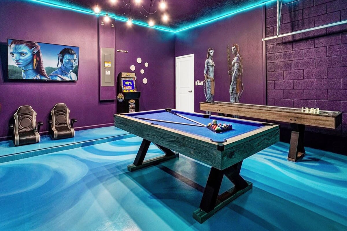 Private Games Room with Pool Table, Big Screen TV, Arcade Games, and Shuffle Board