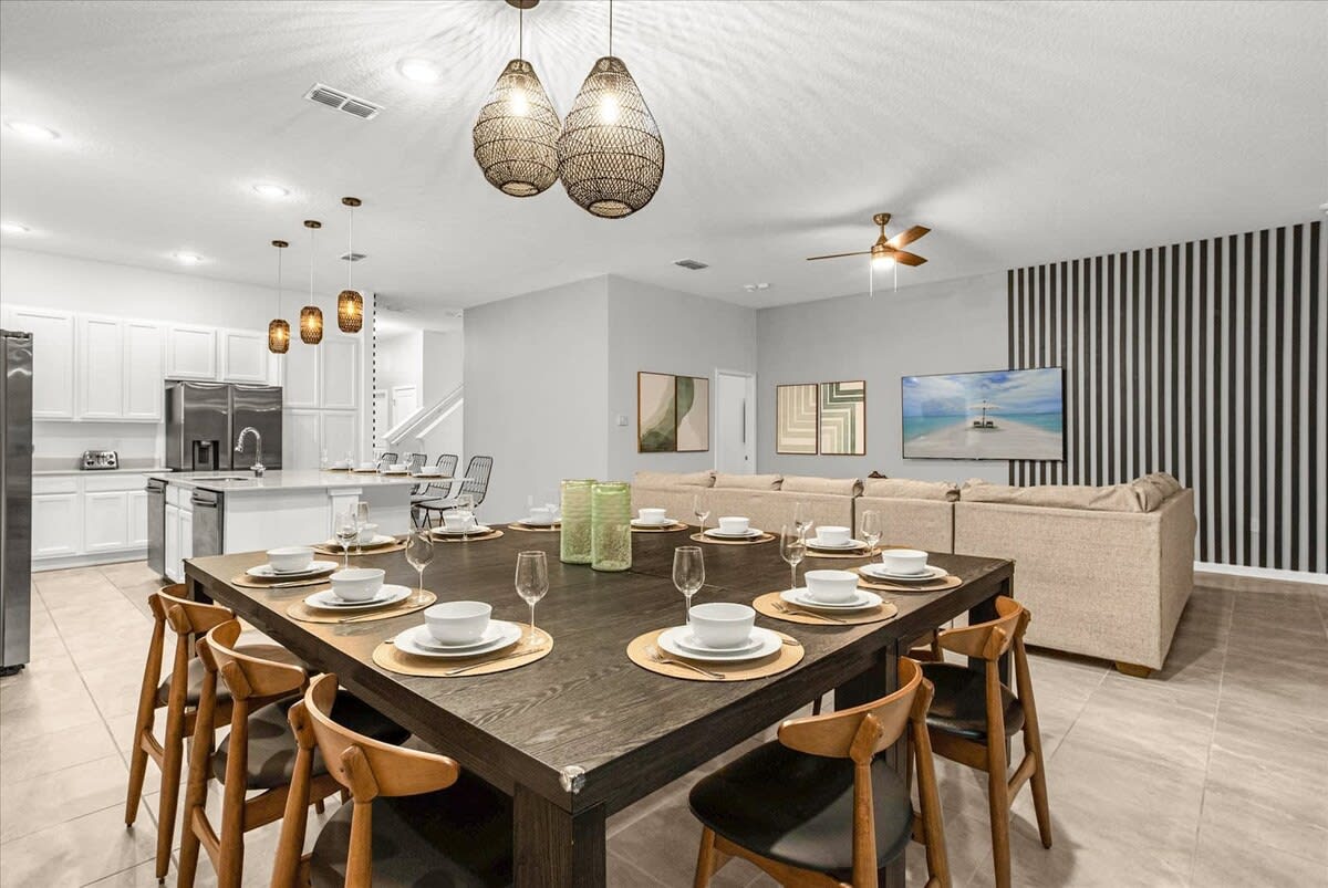 Large Dining Table with Space for 12, plus 4 more at the Kitchen Island