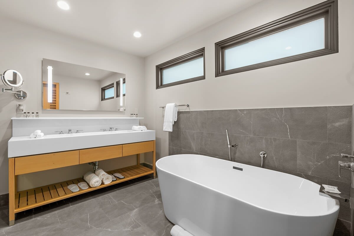Dual sinks, balanced LED mirrored lighting and a stand alone tub with natural light