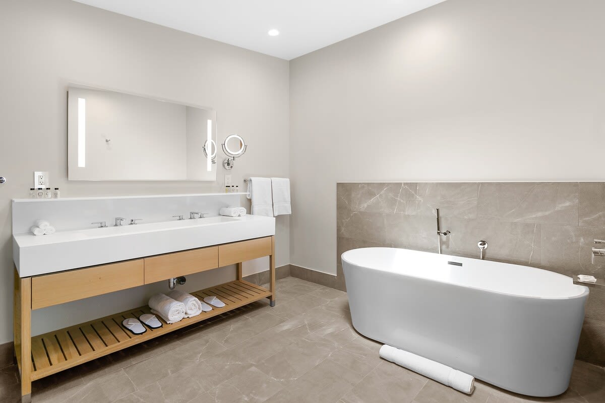 Stand alone bathtub and perfectly balanced LED mirrored lighting