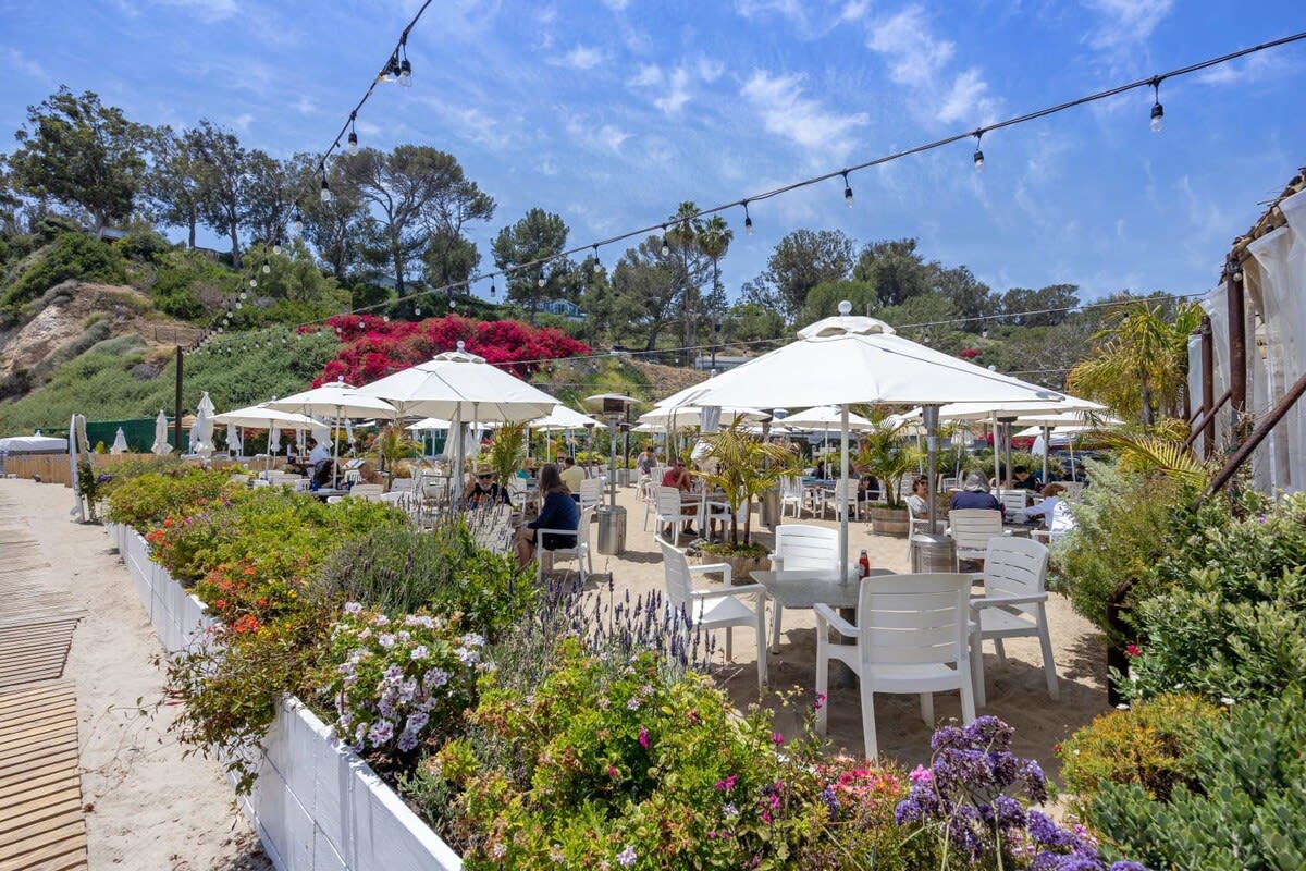 Surfside tropical drinks & American fare in an enclosed, airy cafe with some tables on the sand.
