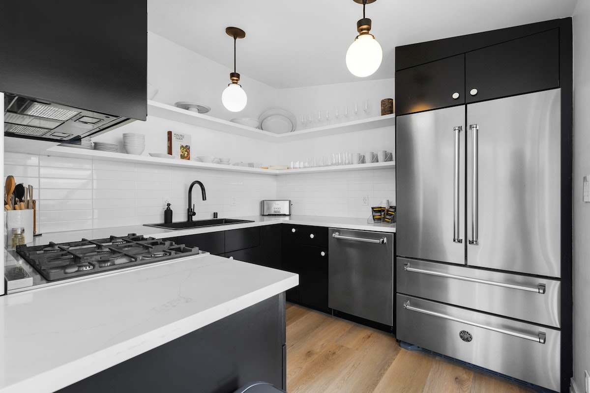 European style kitchen awaits you. Fully stocked kitchen with all high-end appliances, dinnerware, flatware, drinkware, 2 coffee systems, and chef preferred gadgets for baking and cocktail making.
