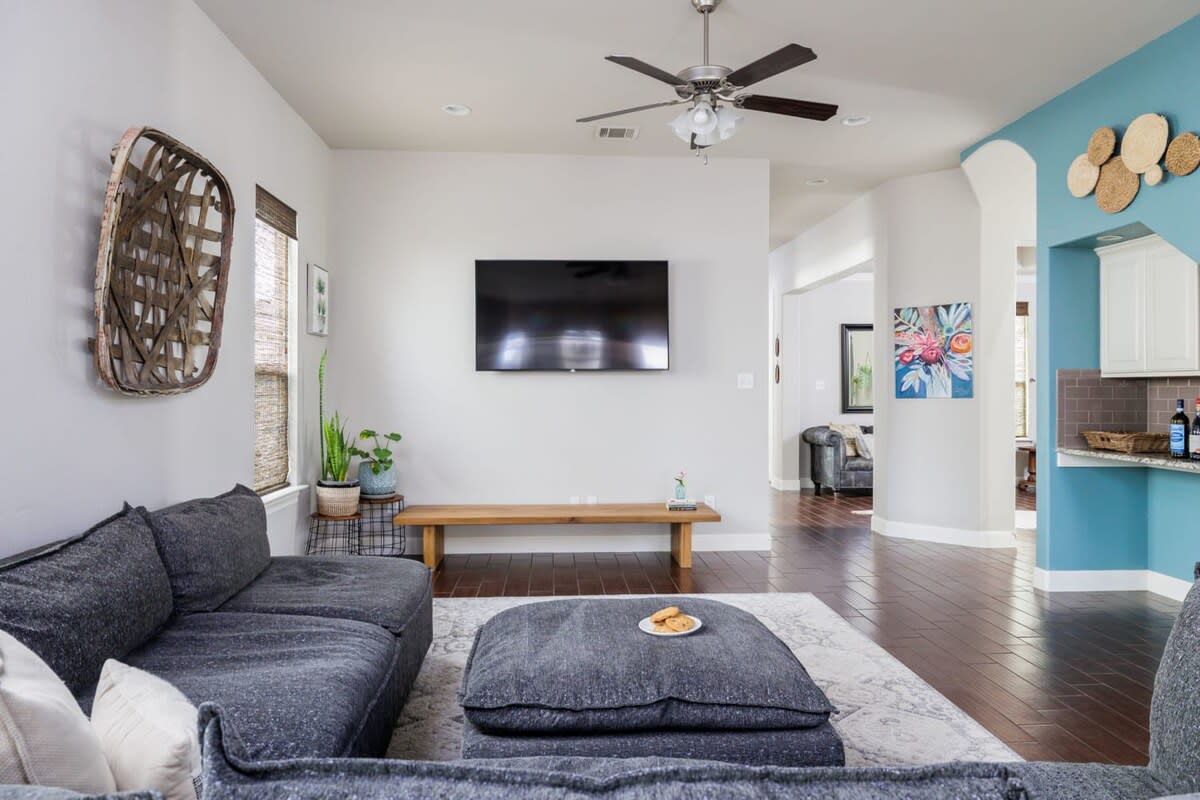 Cozy living room with wet bar