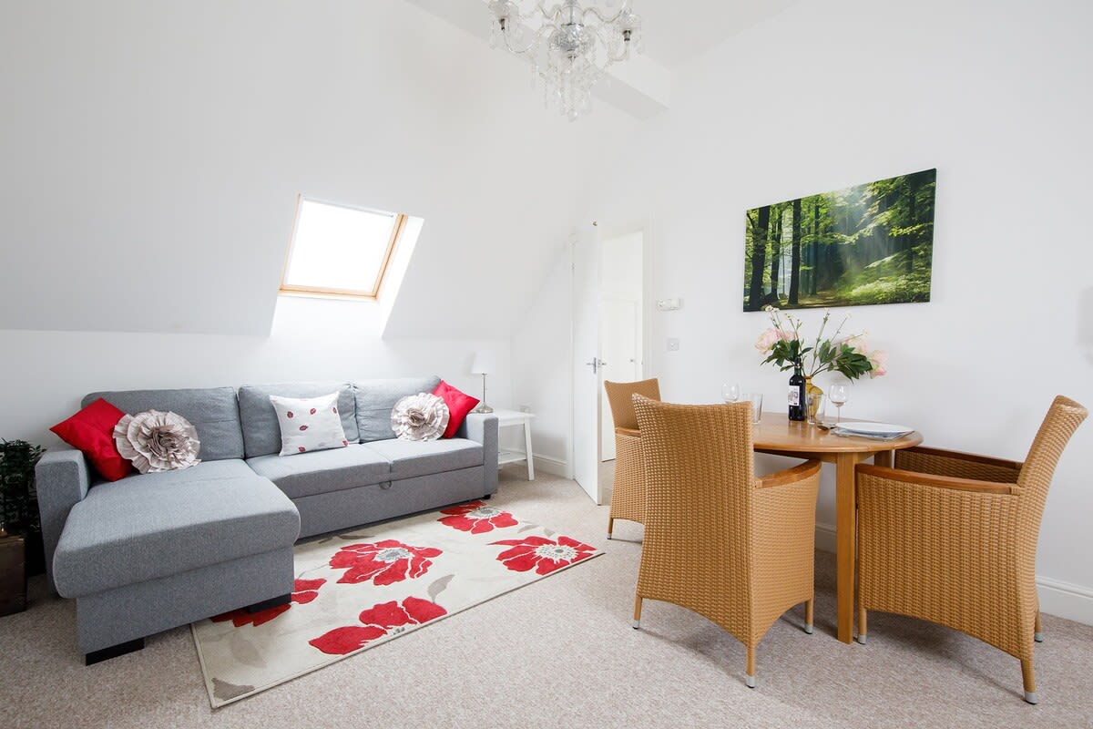 Spacious living and dining area. The sofa turned into a comfy sofa bed.