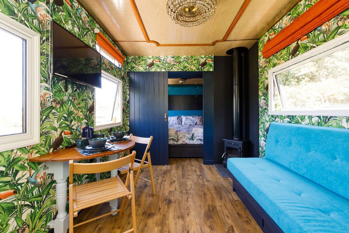 The interior is vibrant and vintage in theme.