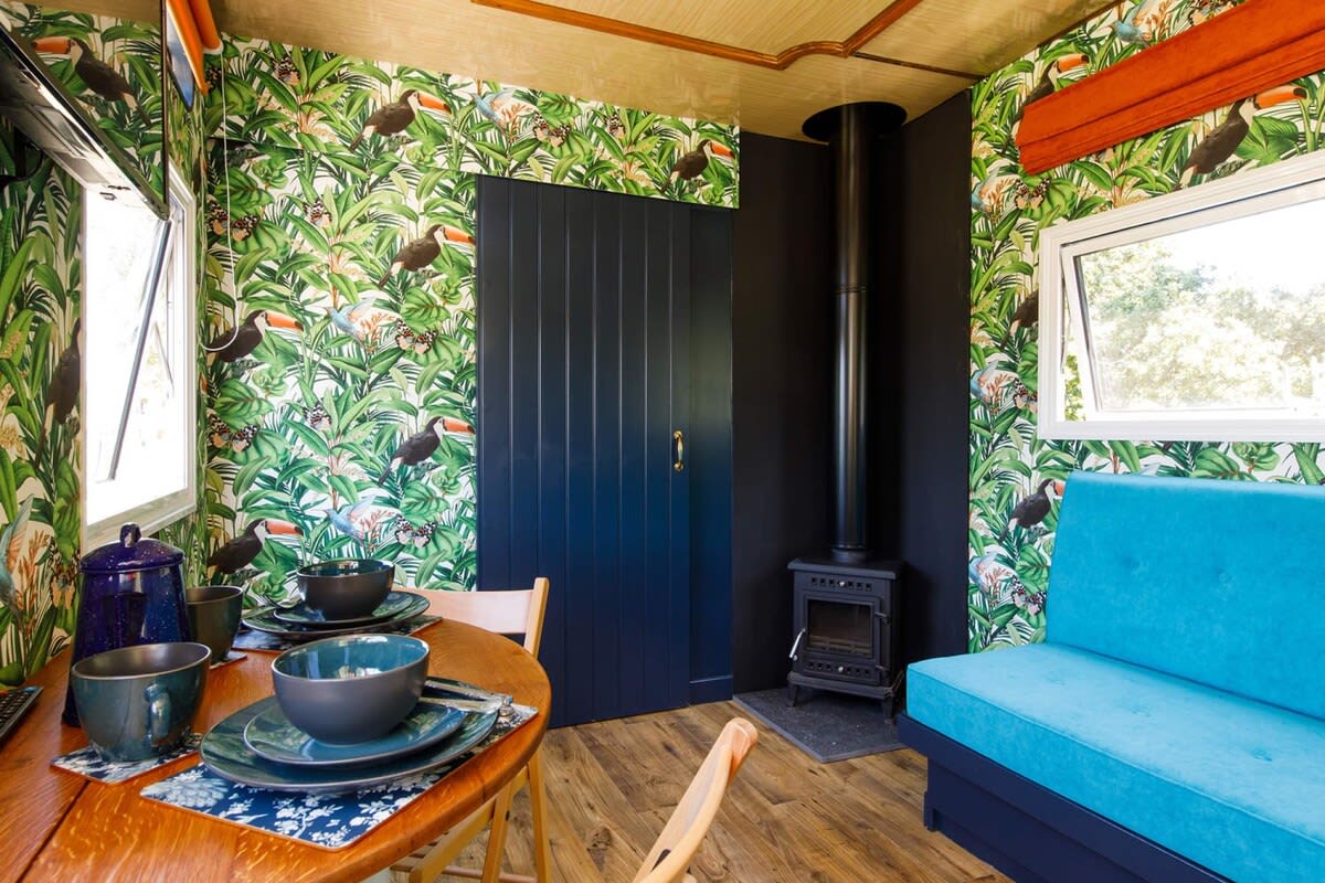 There is a sliding door to separate the living space and bedroom.