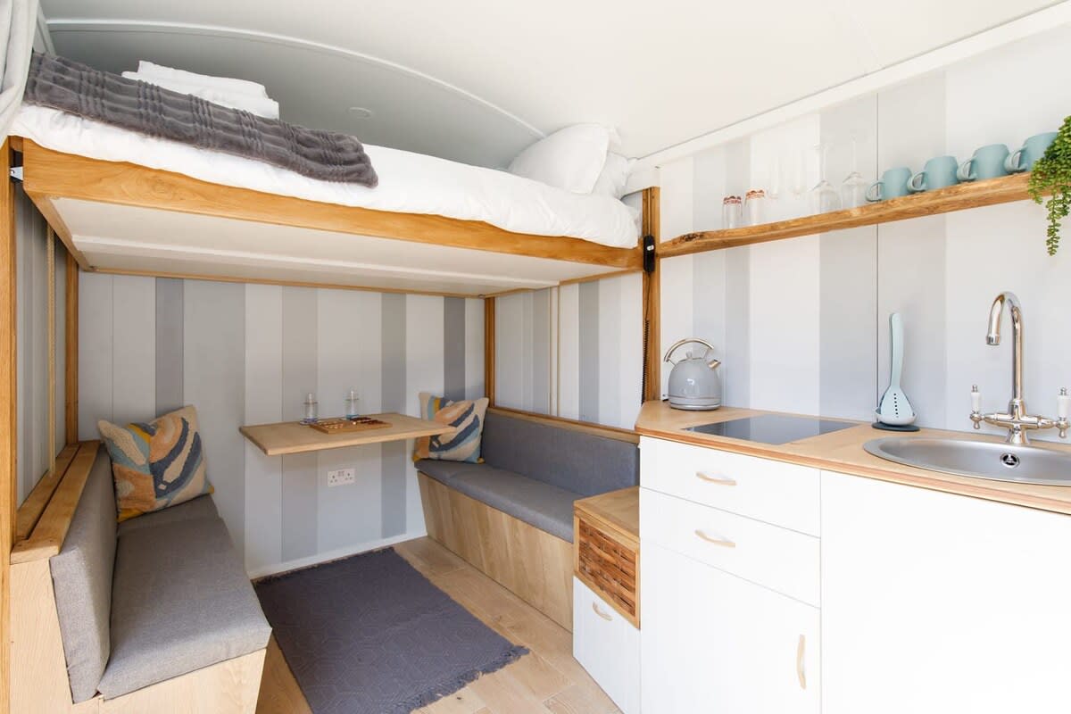 The shepherds hut has recently been renovated to the high standard, with quality carpentry and light decor.