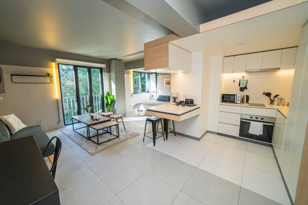 Bright and modern studio with open-plan living and kitchen area, perfect for a cozy stay in the heart of Chile.