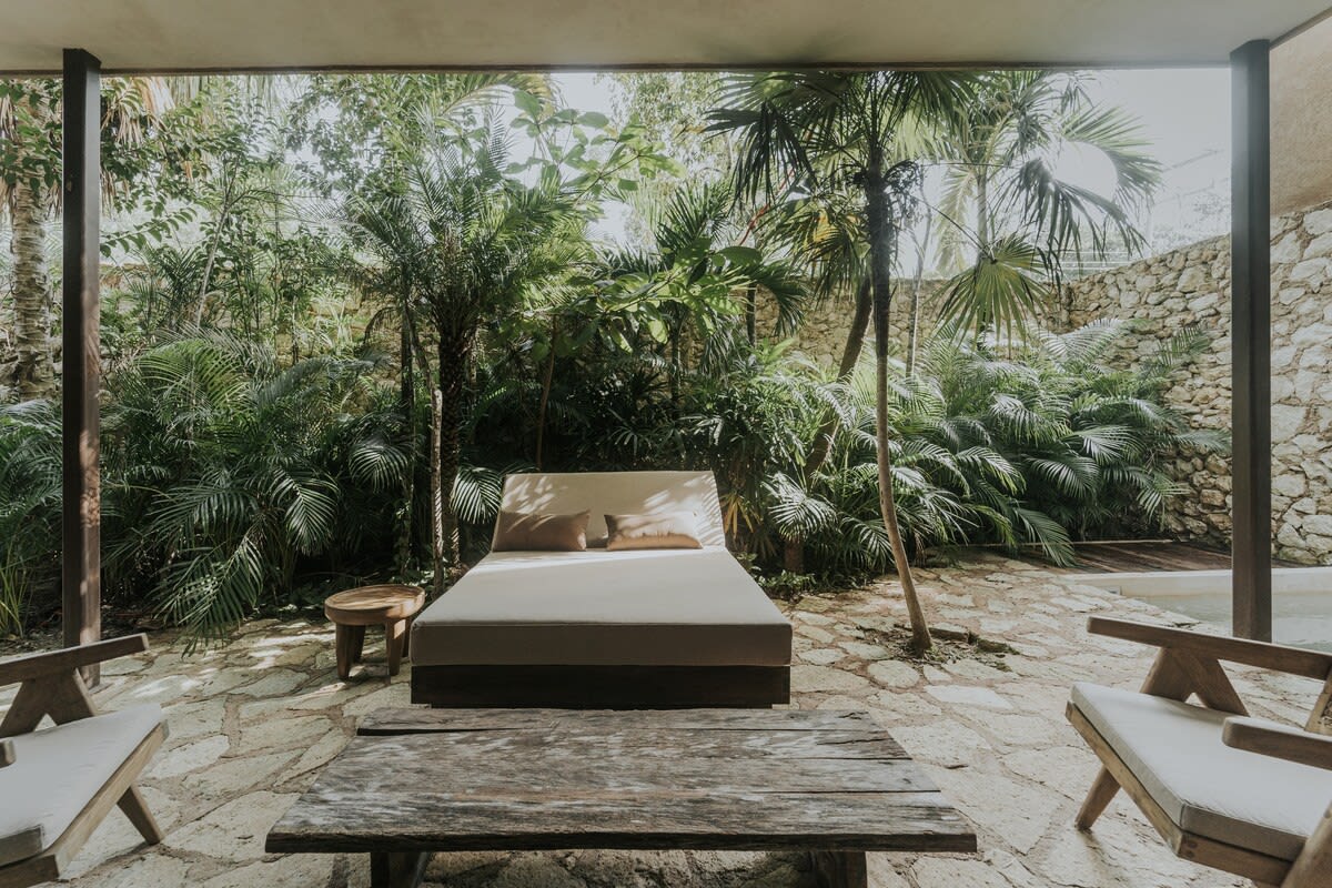 Sun bed and outdoor furniture, a perfect spot to enjoy your morning coffee