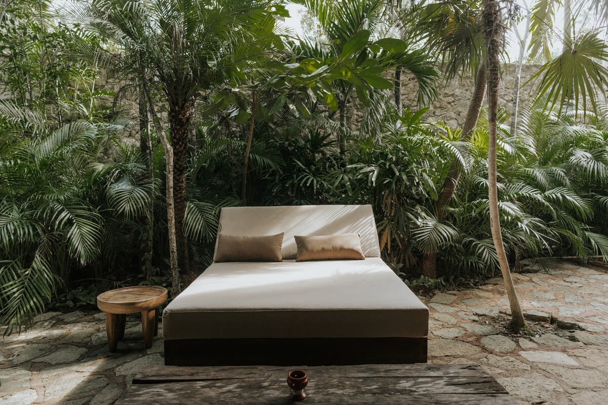 Sun bed and outdoor furniture, a perfect spot to enjoy your morning coffee